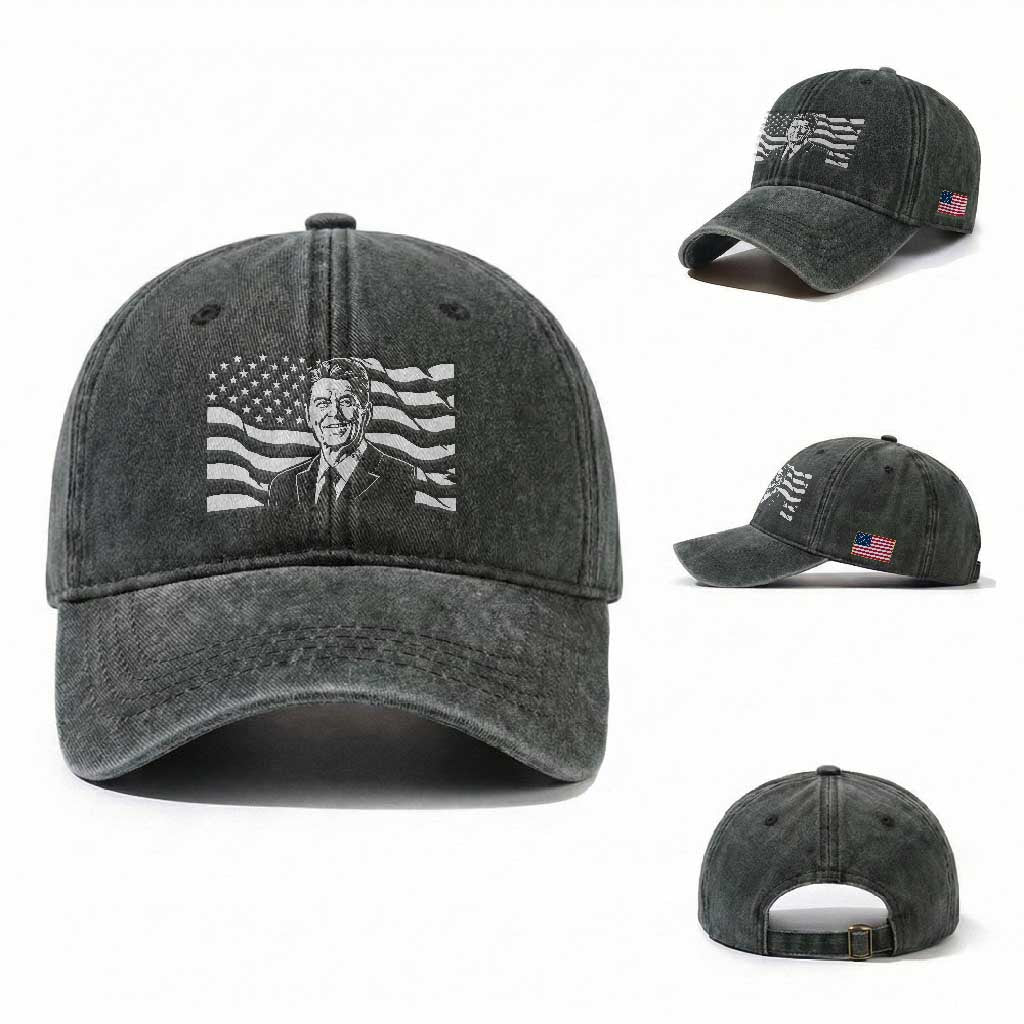 Ronald Reagan America Flag US President Washed Cotton Baseball Cap TS14 Washed Cap Universal Fit Dark Green Print Your Wear