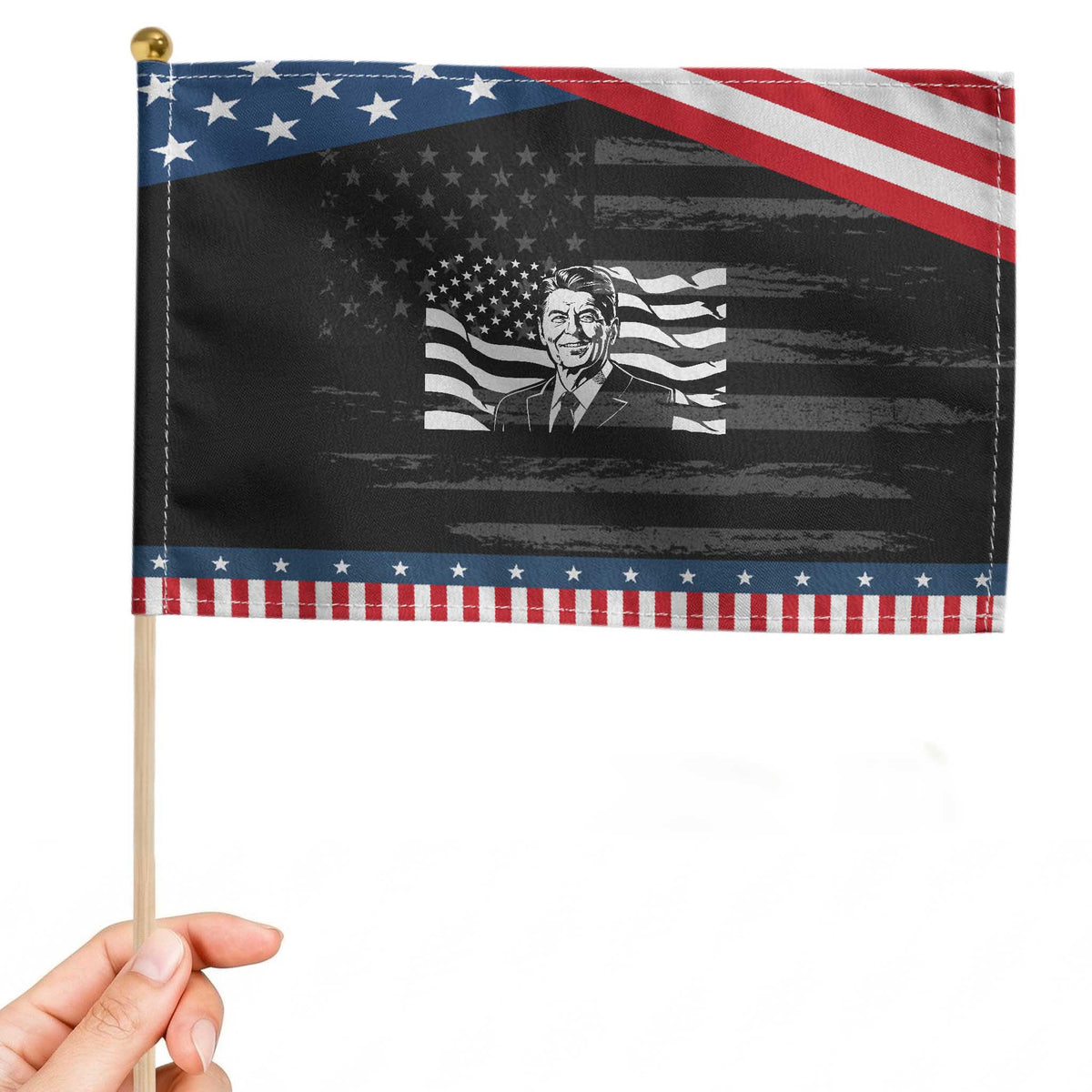 Ronald Reagan America Flag US President Patriotic Handheld Flag TS14 Distressed 8.2