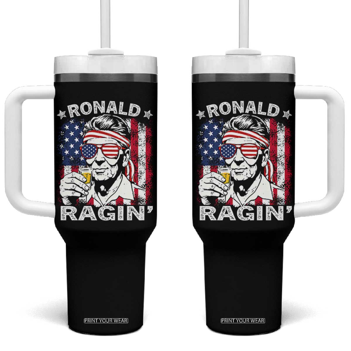 Ronald Reagan Tumbler With Handle 4th of July America Flag Beer TS14 One Size: 40 oz Black Print Your Wear