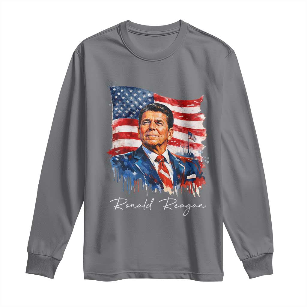 Ronald Reagan Patriotic American Flag President Long Sleeve Shirt TS14 Charcoal Print Your Wear