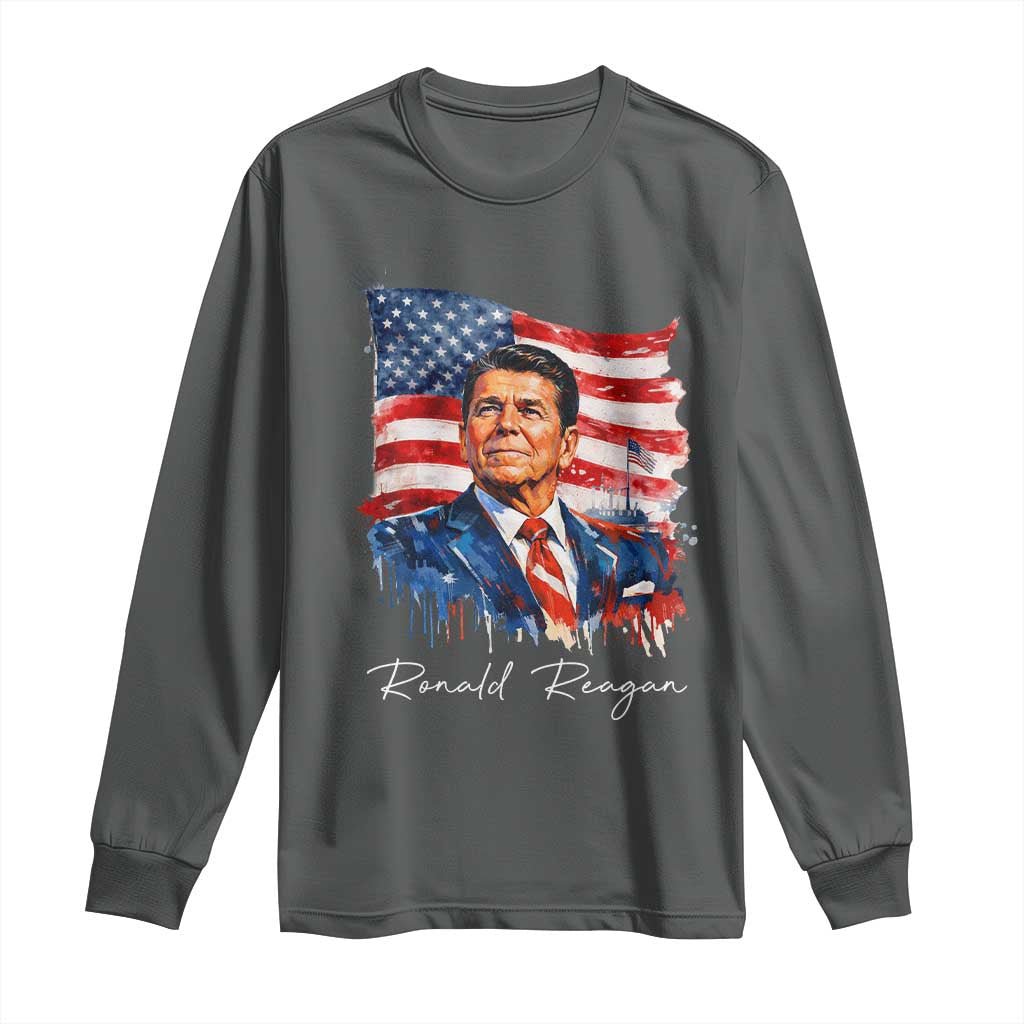 Ronald Reagan Patriotic American Flag President Long Sleeve Shirt TS14 Dark Heather Print Your Wear