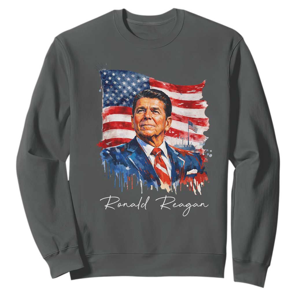 Ronald Reagan Patriotic American Flag President Sweatshirt TS14 Dark Heather Print Your Wear