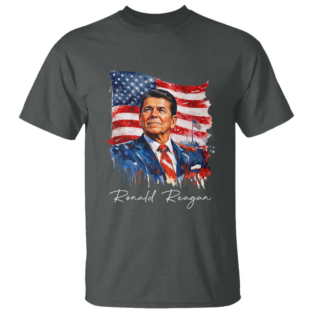 Ronald Reagan Patriotic American Flag President T Shirt TS14 Dark Heather Print Your Wear