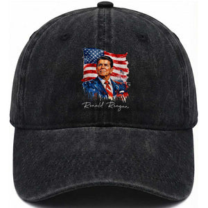 Ronald Reagan Patriotic American Flag President Washed Cotton Baseball Cap TS14 Washed Cap Universal Fit Black Print Your Wear