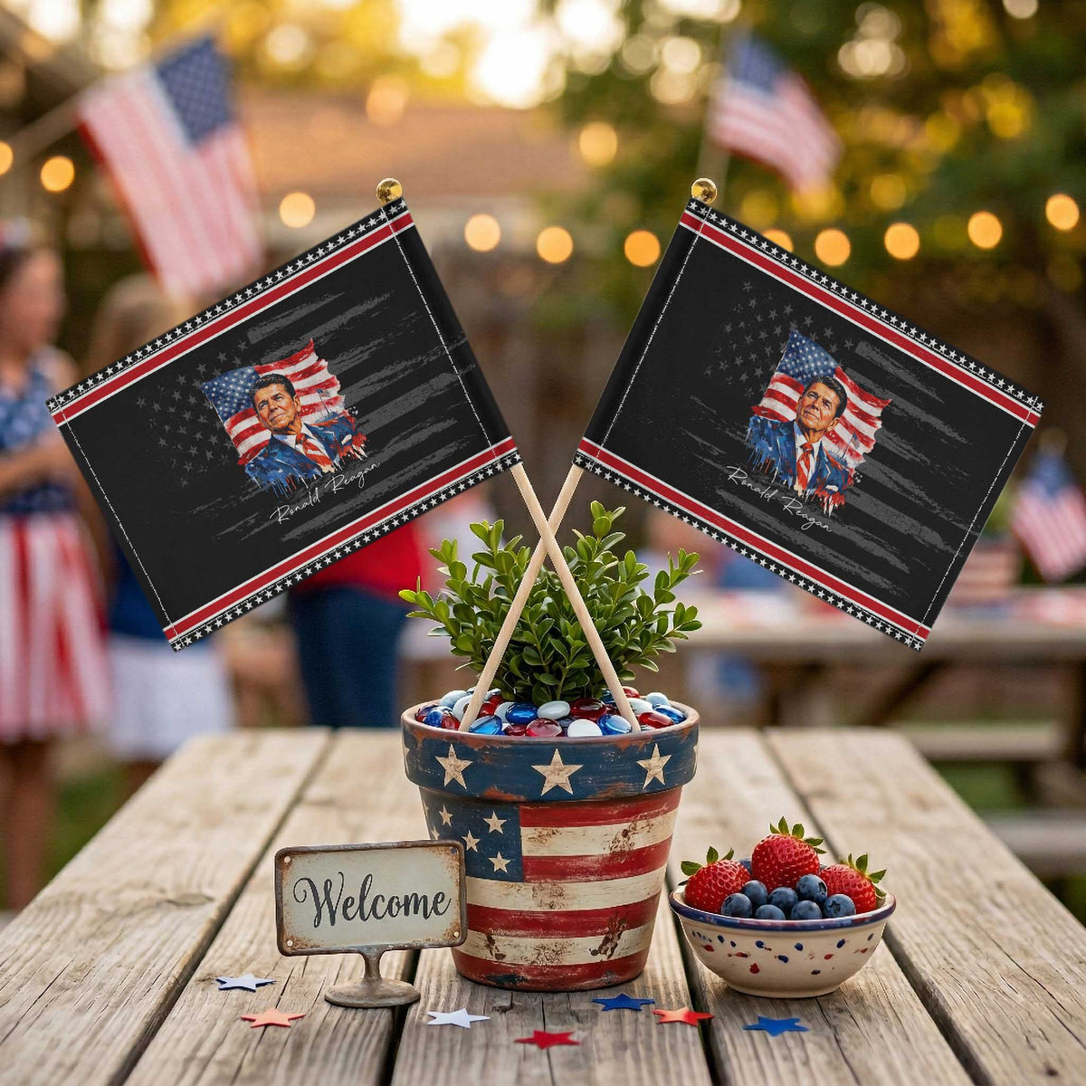 Ronald Reagan American Flag President Patriotic Handheld Flag TS14 Distressed 8.2