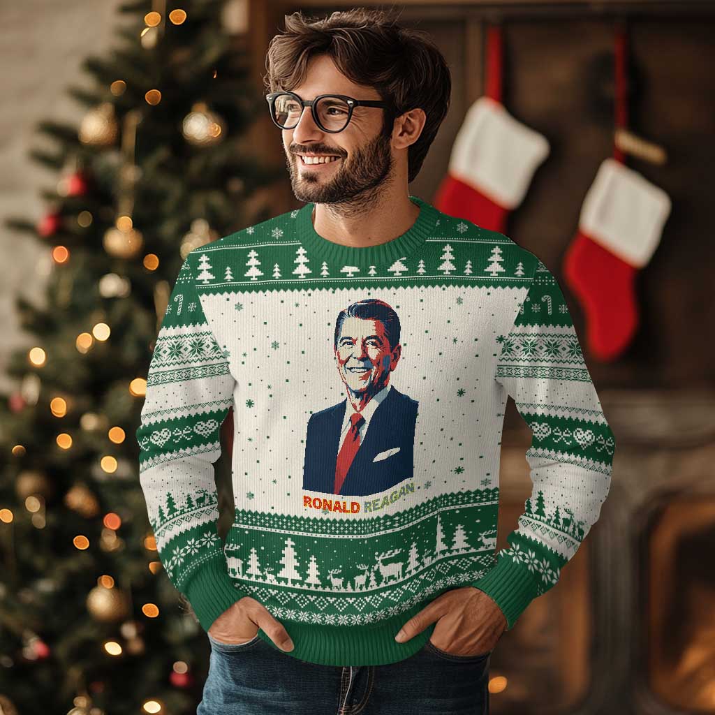 Ronald Reagan Ugly Christmas Sweater American Flag US President TS14 Beige Green Print Your Wear