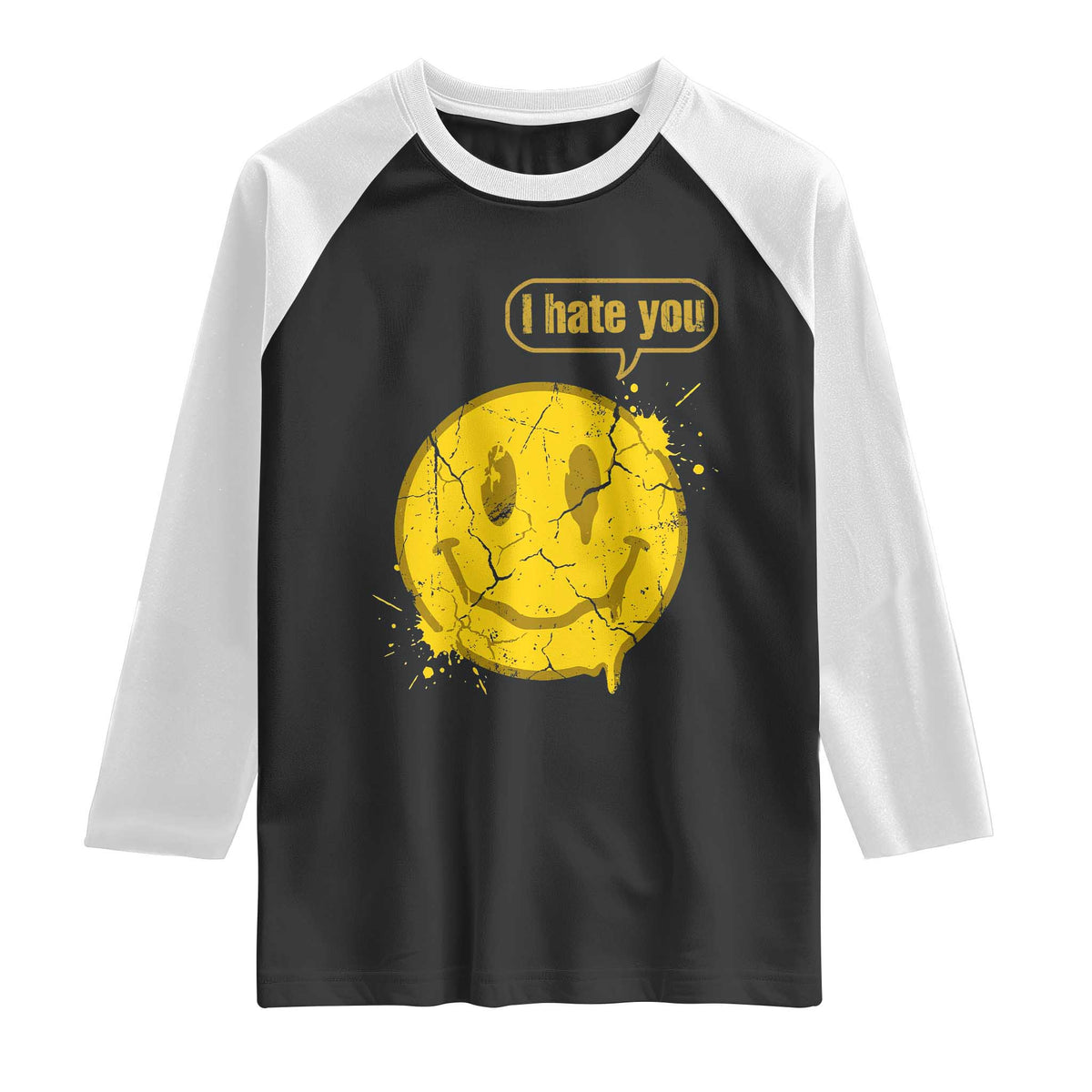 I Hate You Raglan Shirt Vintage Yellow Happy Smile Face TS14 Black White Print Your Wear