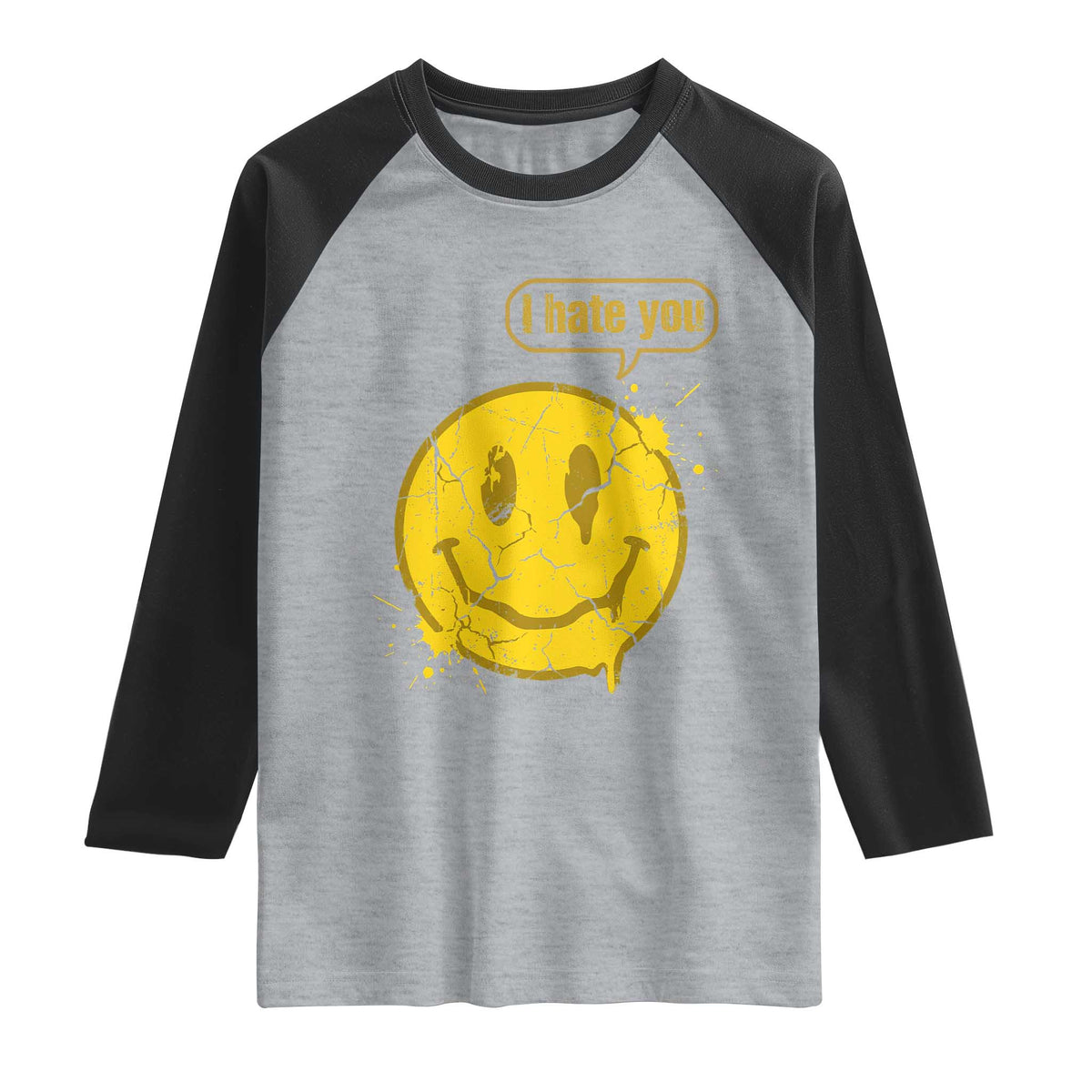 I Hate You Raglan Shirt Vintage Yellow Happy Smile Face TS14 Heather Gray Black Print Your Wear