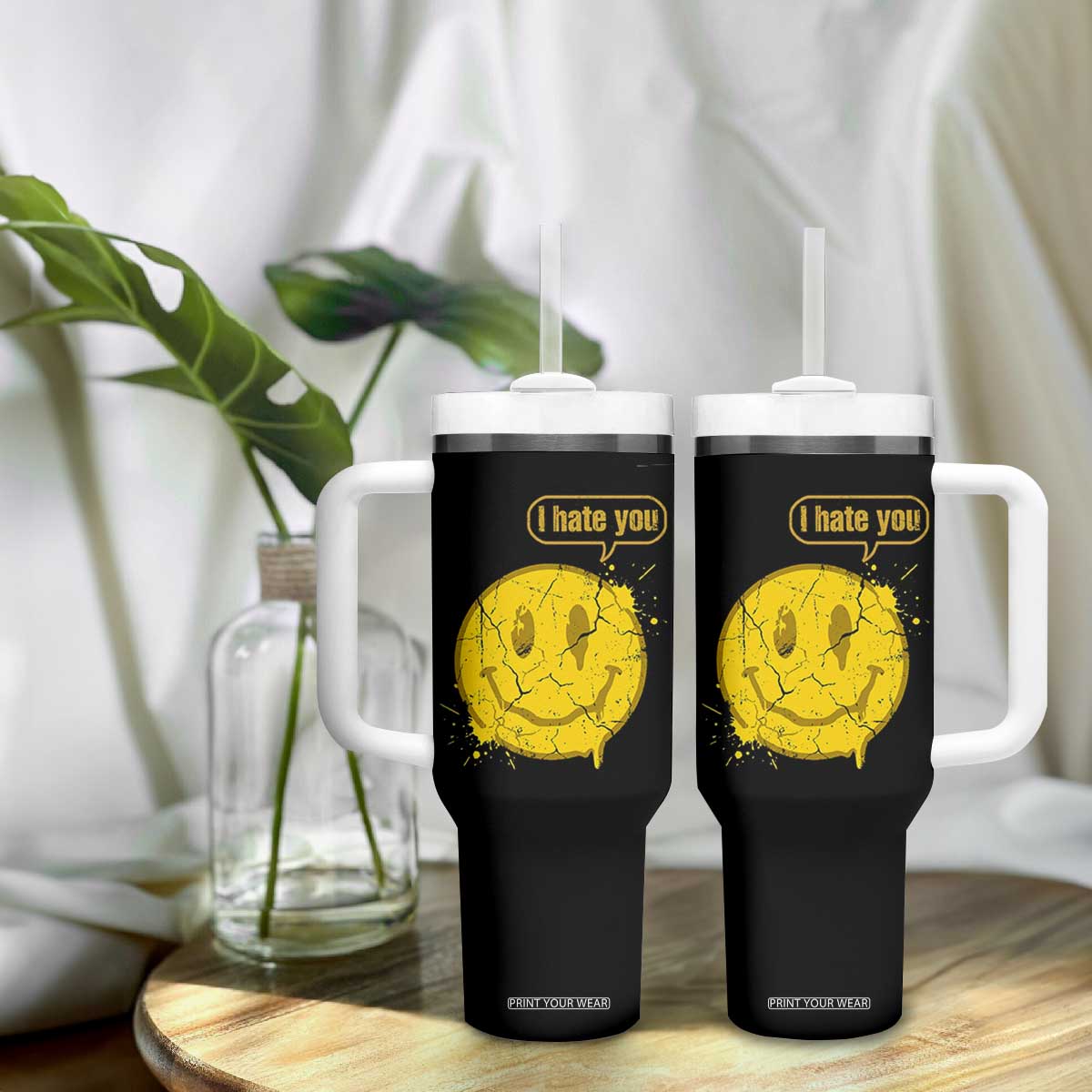 I Hate You Tumbler With Handle Vintage Yellow Happy Smile Face TS14 Print Your Wear