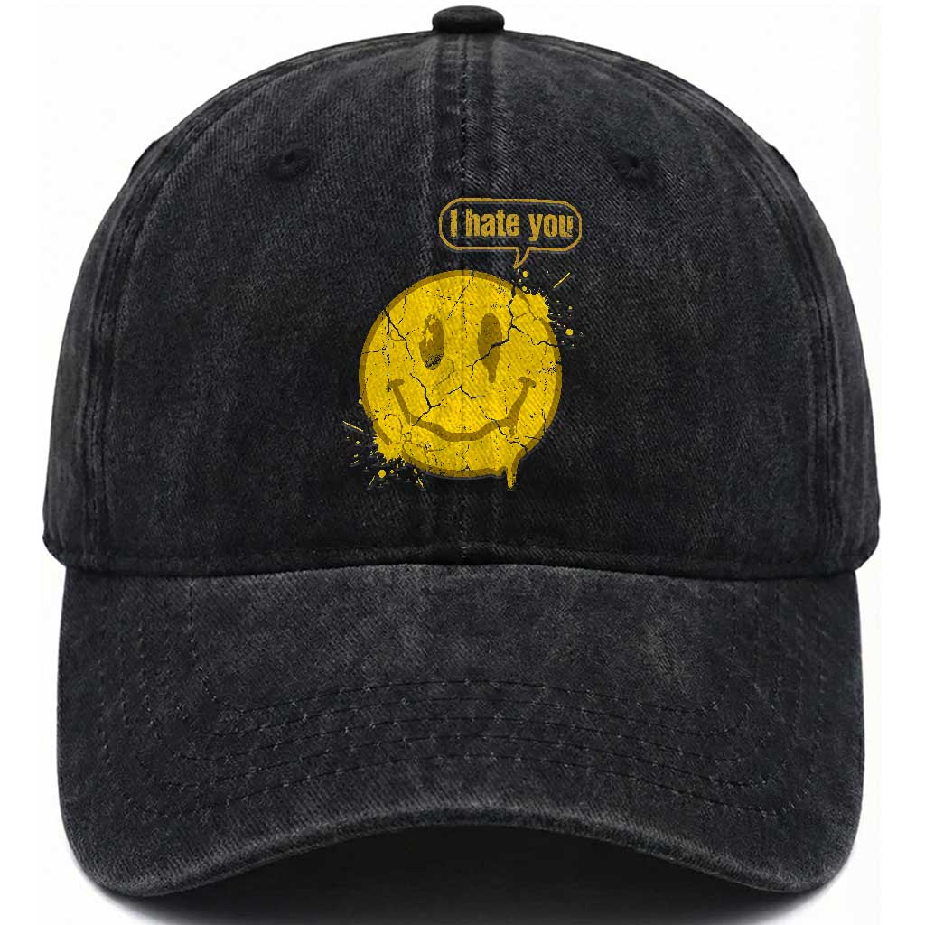 I Hate You Washed Cotton Baseball Cap Vintage Yellow Happy Smile Face TS14 Washed Cap Universal Fit Black Print Your Wear
