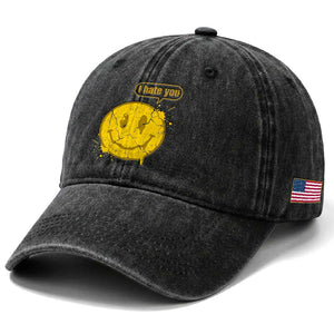 I Hate You Washed Cotton Baseball Cap Vintage Yellow Happy Smile Face TS14 Print Your Wear