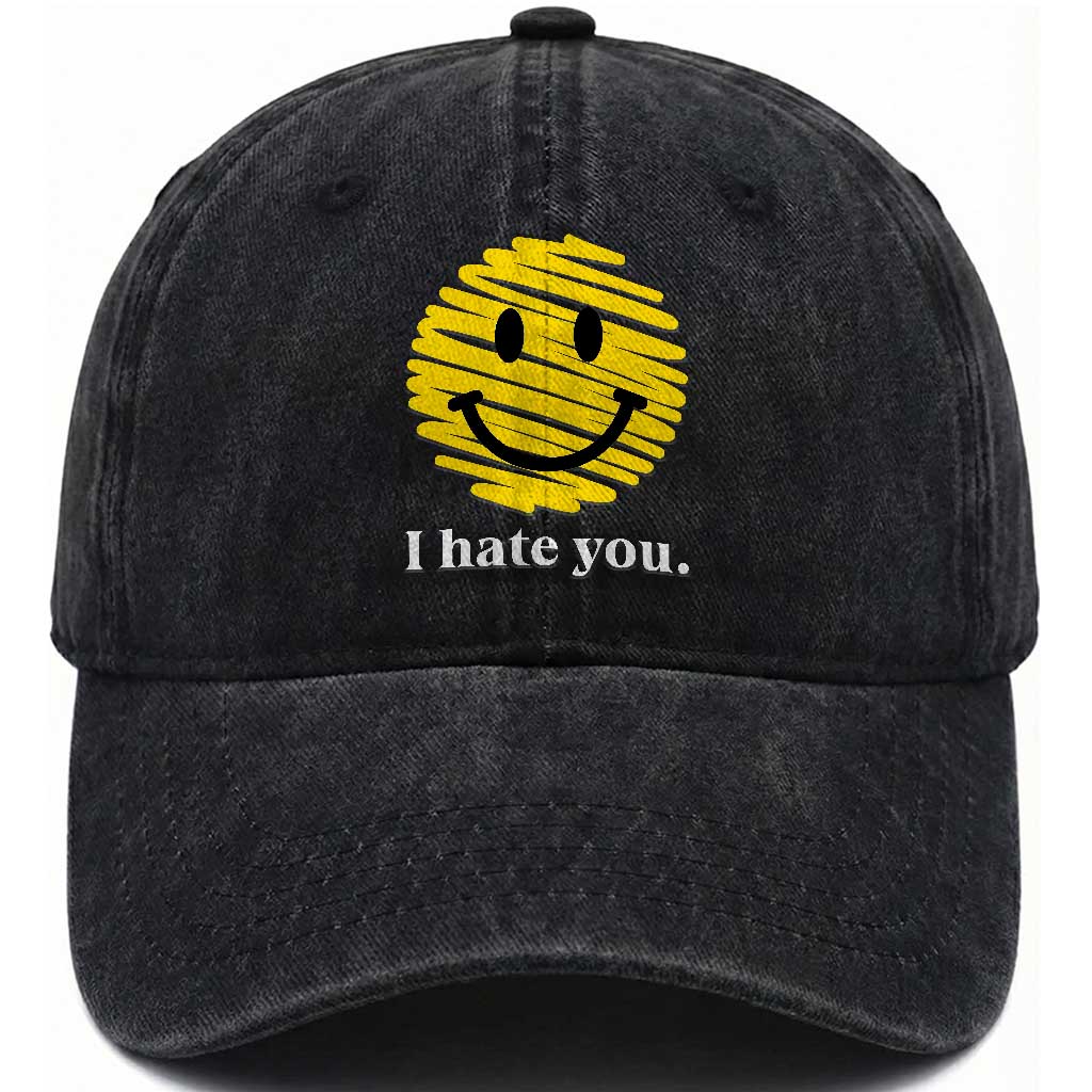 I Hate You Smile Face Meme Washed Cotton Baseball Cap Viral Sarcastic Humor TS14 Washed Cap Universal Fit Black Print Your Wear