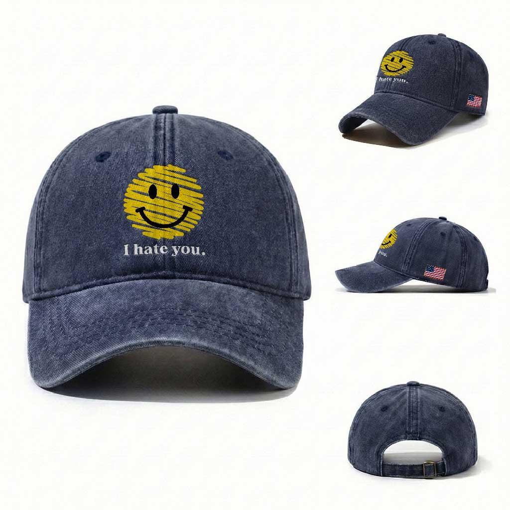 I Hate You Smile Face Meme Washed Cotton Baseball Cap Viral Sarcastic Humor TS14 Washed Cap Universal Fit Navy Print Your Wear