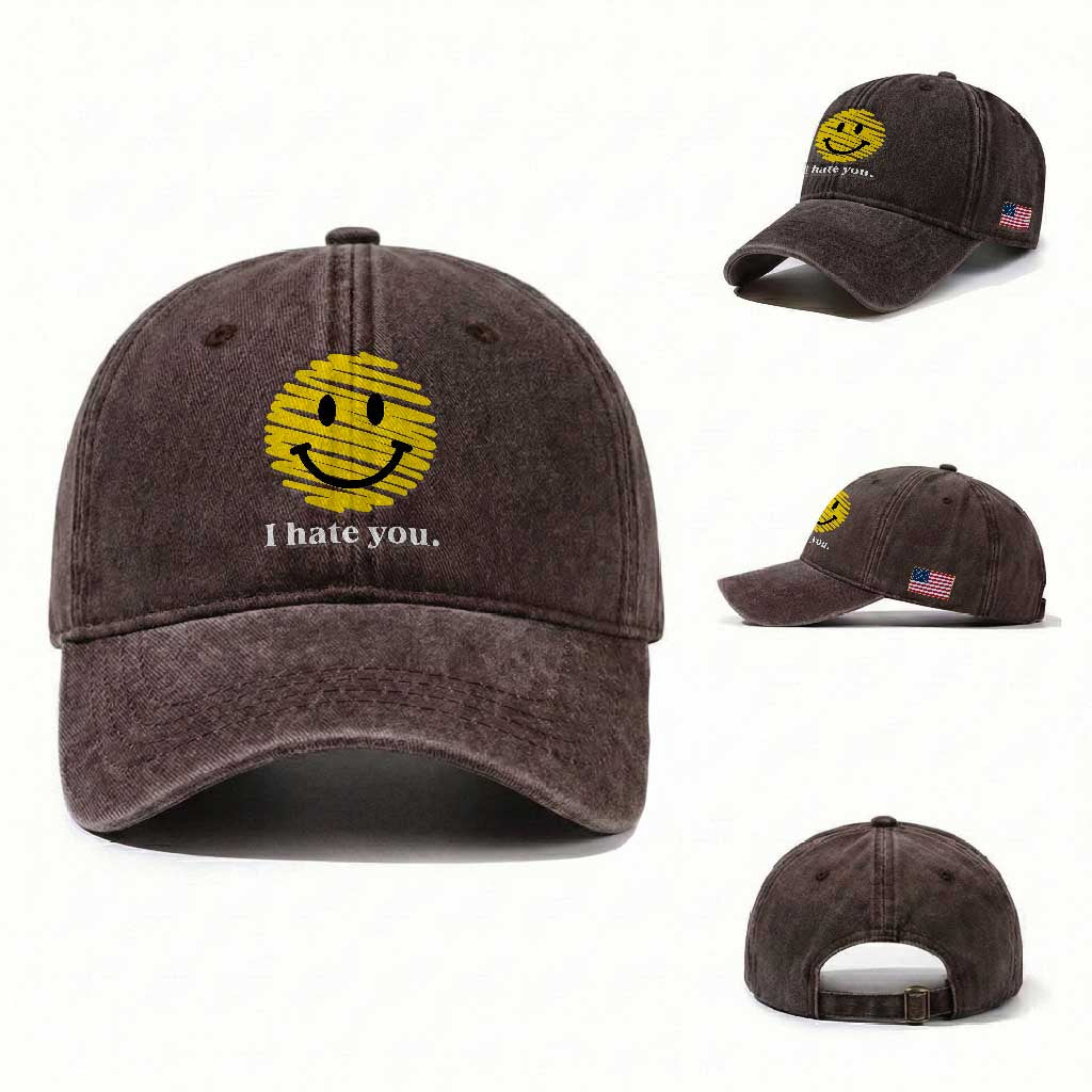 I Hate You Smile Face Meme Washed Cotton Baseball Cap Viral Sarcastic Humor TS14 Washed Cap Universal Fit Dark Brown Print Your Wear