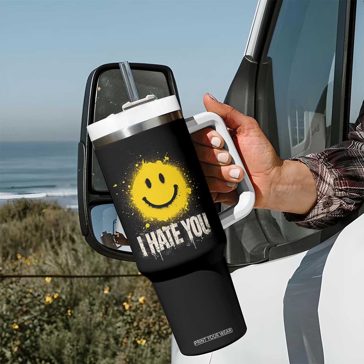 I Hate You Smile Face Tumbler With Handle Funny Sarcastic Meme TS14 Print Your Wear