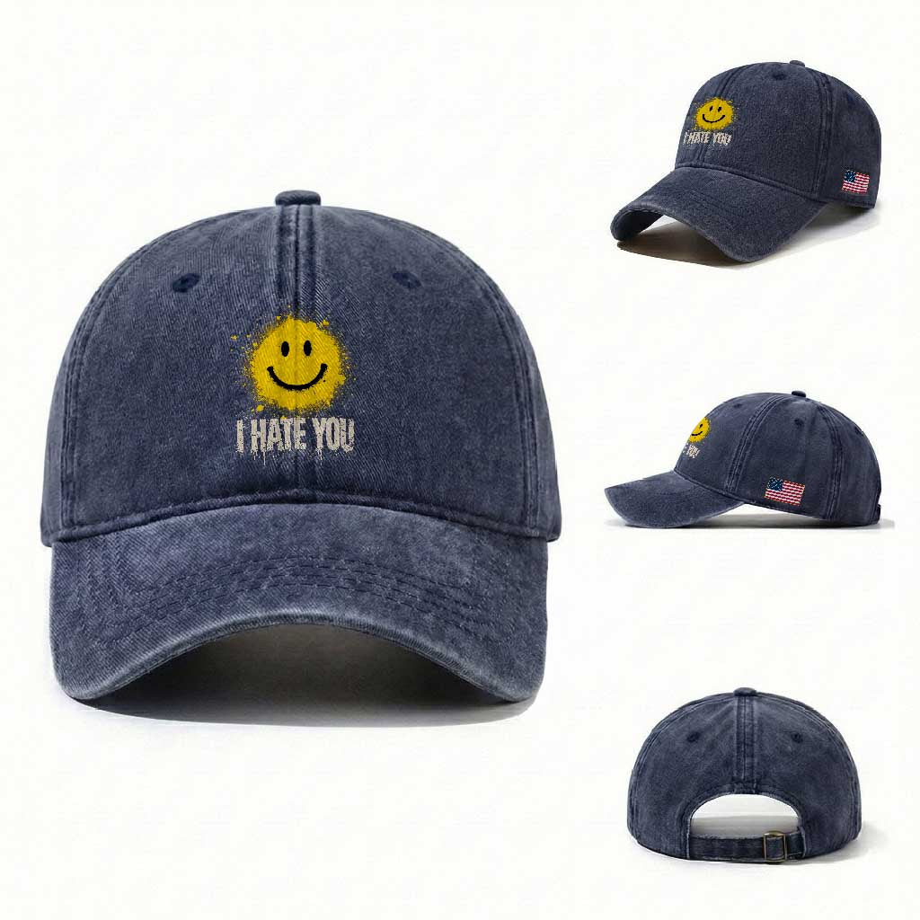 I Hate You Smile Face Washed Cotton Baseball Cap Funny Sarcastic Meme TS14 Washed Cap Universal Fit Navy Print Your Wear