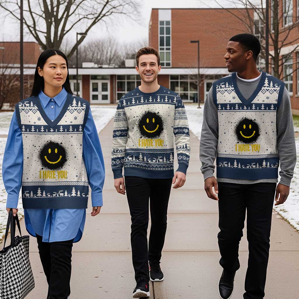 I Hate You V-Neck Knit Sweater Vest Funny Smile Face Emoticon Meme TS14 Beige Navy Print Your Wear