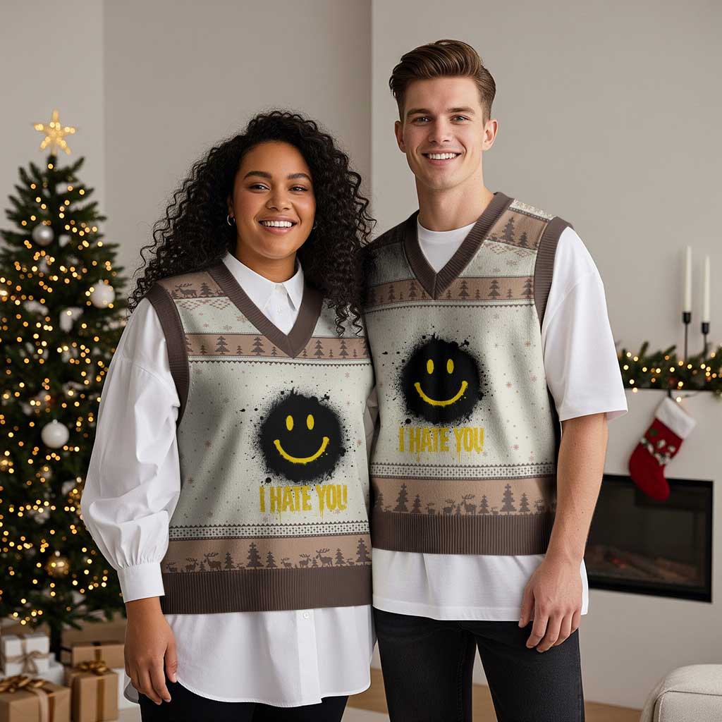 I Hate You V-Neck Knit Sweater Vest Funny Smile Face Emoticon Meme TS14 Mocha Mousse Print Your Wear