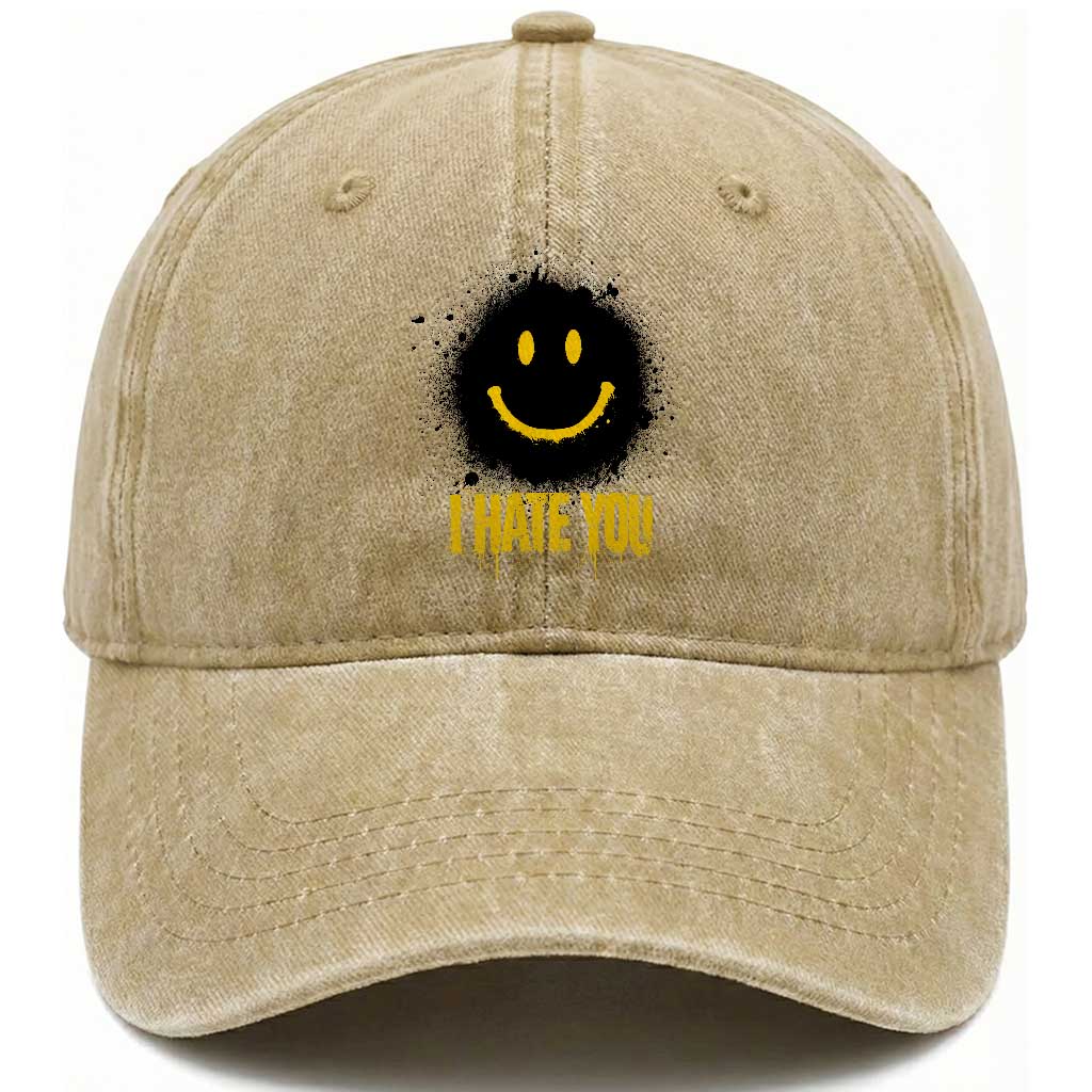 I Hate You Washed Cotton Baseball Cap Funny Smile Face Emoticon Meme TS14 Washed Cap Universal Fit Khaki Print Your Wear