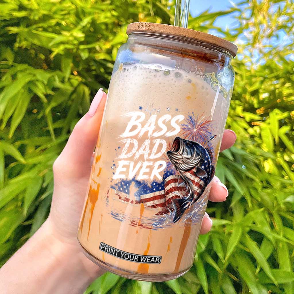 Bass Dad Ever Fishing Glass Can Patriotic Dad Birthday 4th Of July Gifts TS14 Black Print Your Wear