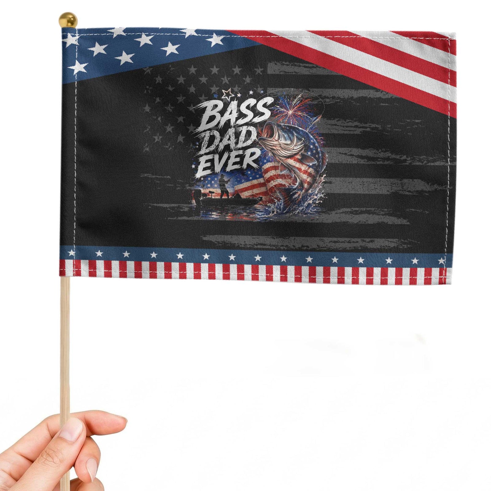 Bass Dad Ever Fishing Patriotic Handheld Flag Dad Birthday 4th Of July Gifts TS14 Distressed 8.2