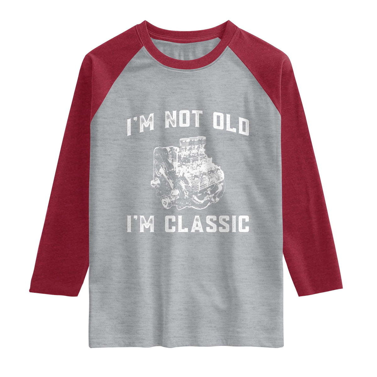 I'm Not Old I'm Classic Raglan Shirt Flathead V8 Engine Silhouette TS14 Heather Gray Heather Red Print Your Wear