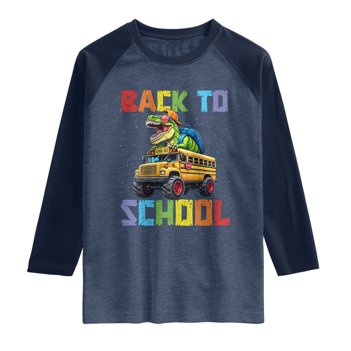 Bruh We Back Raglan Shirt Funny Dinosaur Back To School Dinosaur TS14 Heather Denim Navy Print Your Wear