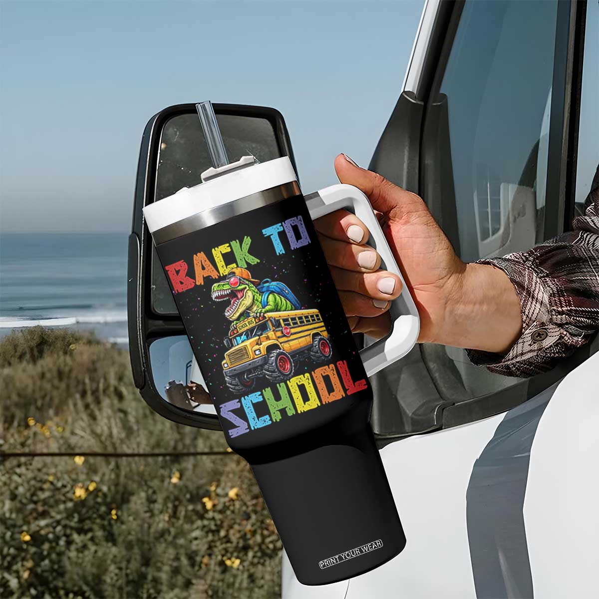 Bruh We Back Tumbler With Handle Funny Dinosaur Back To School Dinosaur TS14 Print Your Wear
