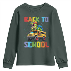 Bruh We Back Youth Sweatshirt Funny Dinosaur Back To School Dinosaur TS14 Dark Forest Green Print Your Wear