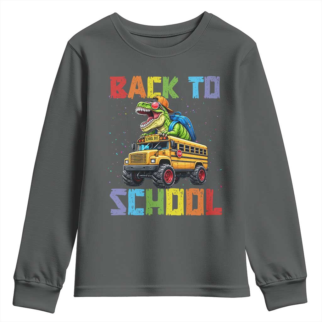 Bruh We Back Youth Sweatshirt Funny Dinosaur Back To School Dinosaur TS14 Dark Heather Print Your Wear