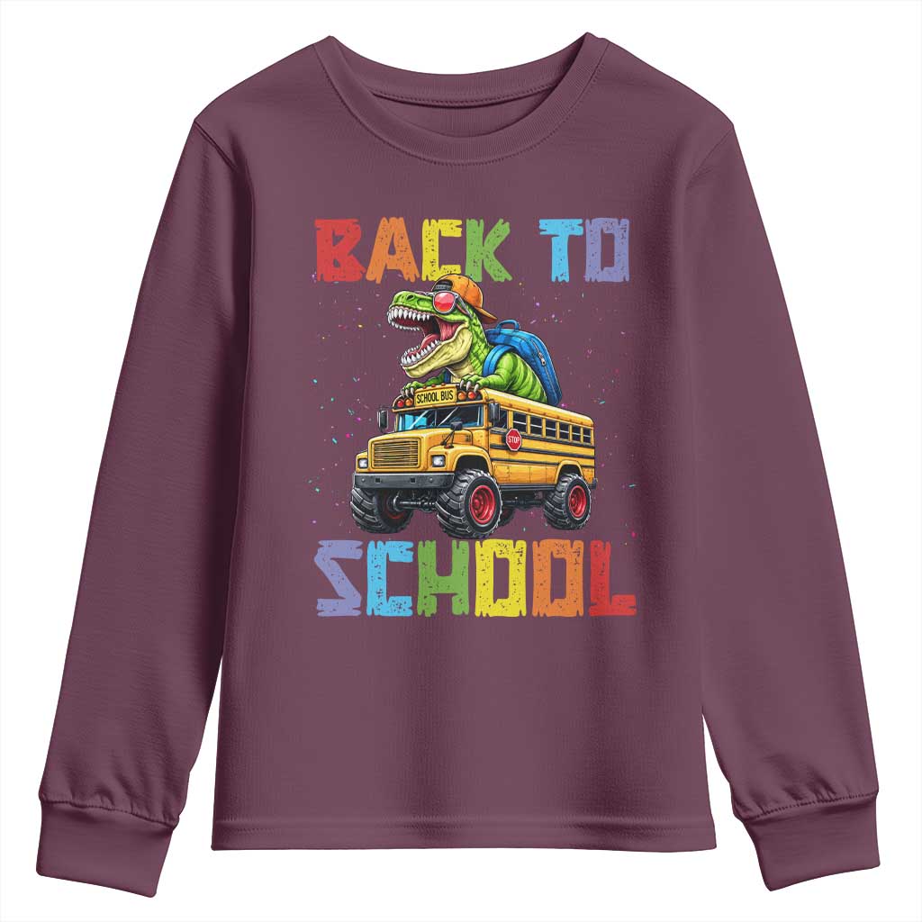 Bruh We Back Youth Sweatshirt Funny Dinosaur Back To School Dinosaur TS14 Maroon Print Your Wear
