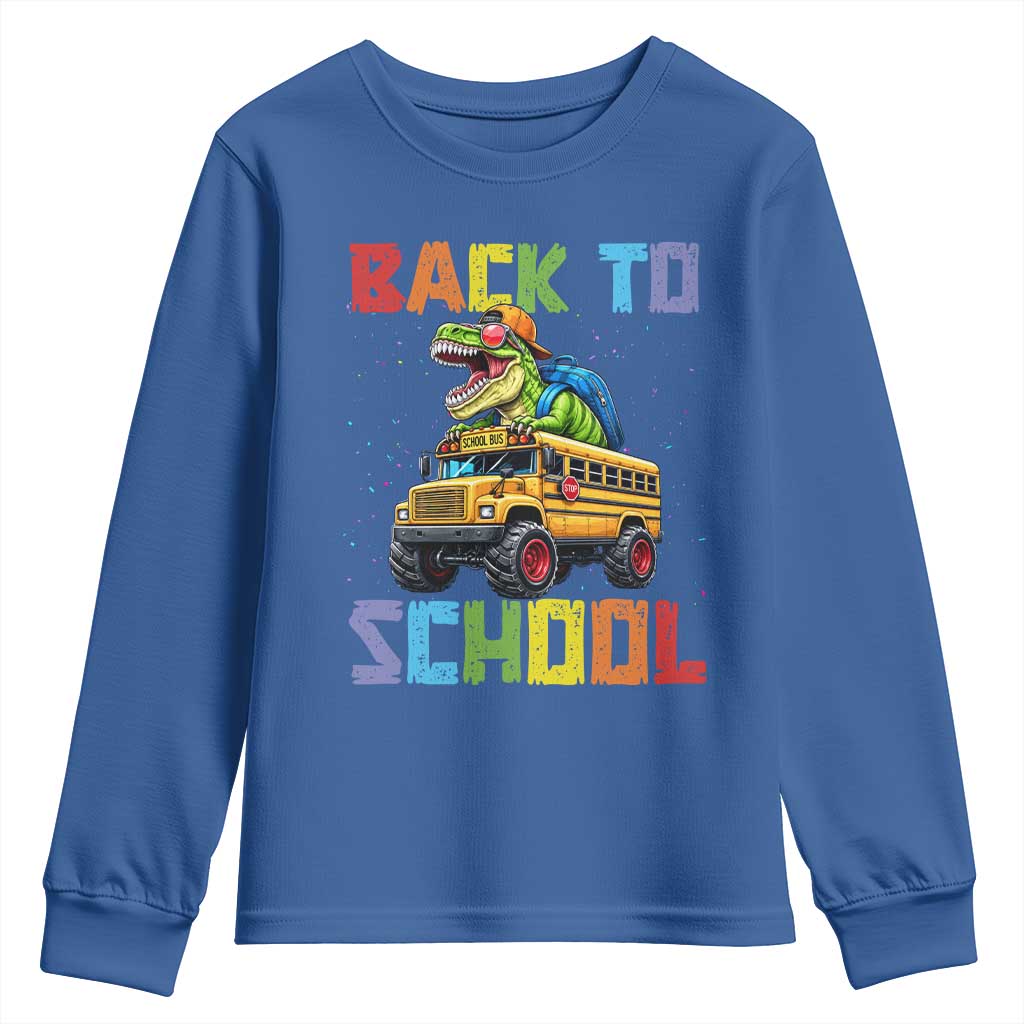Bruh We Back Youth Sweatshirt Funny Dinosaur Back To School Dinosaur TS14 Royal Blue Print Your Wear