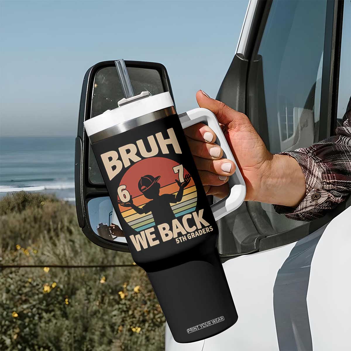Bruh We Back Tumbler With Handle Back to School 5th Grade 6 7 First Day School TS14 Print Your Wear