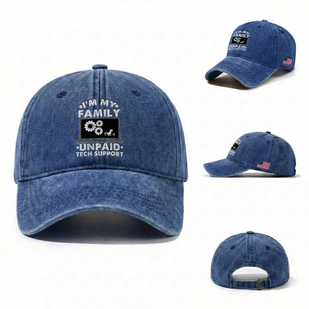 I Am My Familys Unpaid Tech Support Washed Cotton Baseball Cap Funny Computer IT Nerd Humor TS14 Washed Cap Universal Fit Royal Blue Print Your Wear