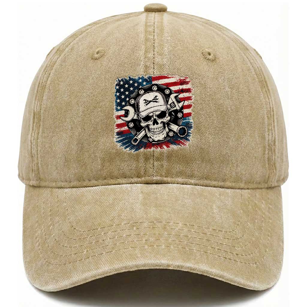 American Flag Skull Mechanic Washed Cotton Baseball Cap Labor Day Patriotic USA TS14 Washed Cap Universal Fit Khaki Print Your Wear