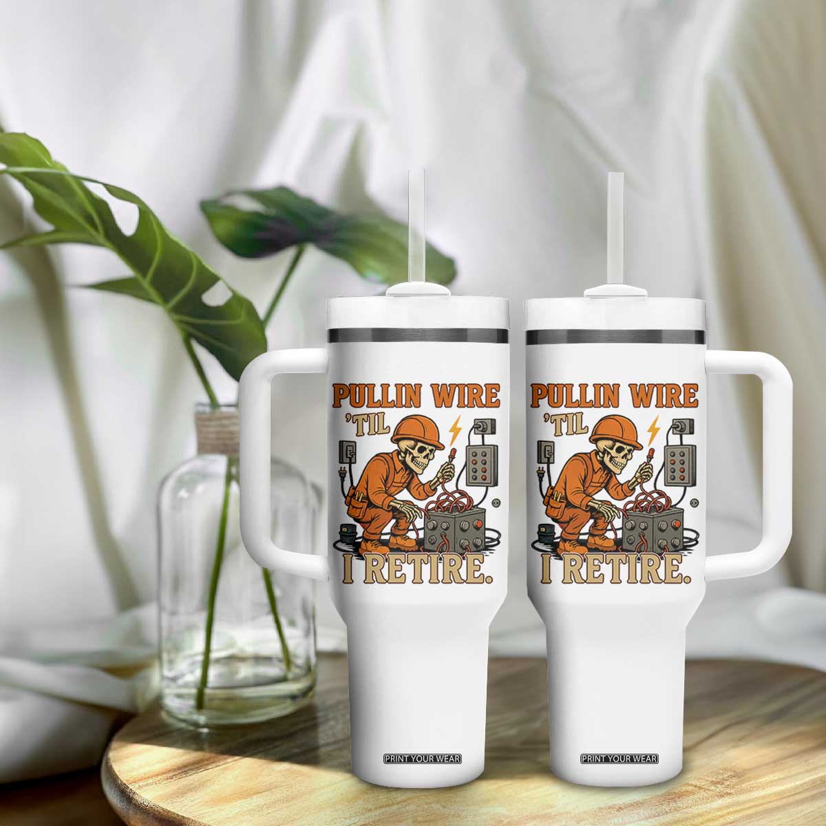 Funny Skeleton Electrician Tumbler With Handle Pullin Wire Til I Retire Labor Day TS14 Print Your Wear