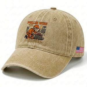 Funny Skeleton Electrician Washed Cotton Baseball Cap Pullin Wire Til I Retire Labor Day TS14 Print Your Wear