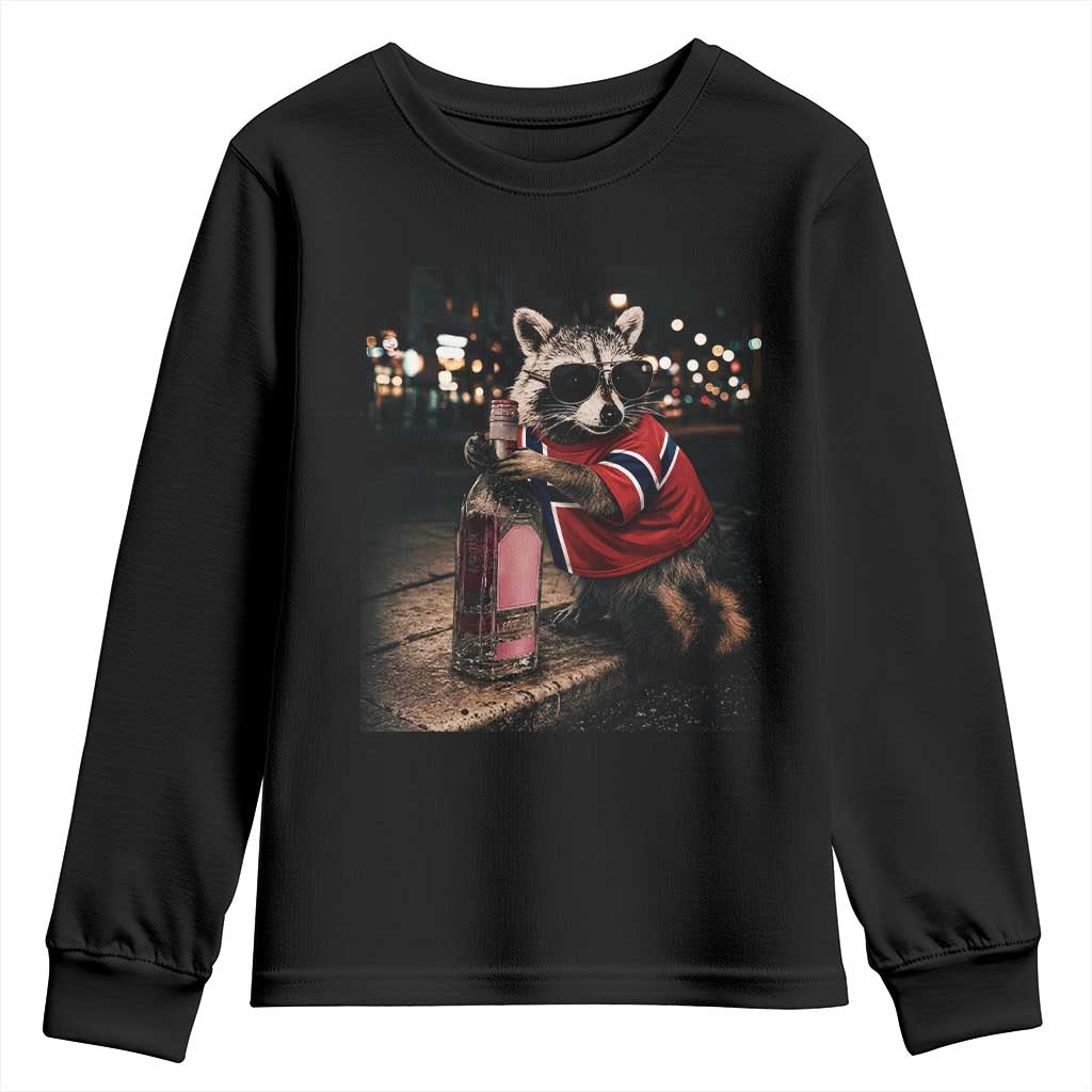 Norway Raccoon Whiskey Norge Norwegian Flag Youth Sweatshirt Viral Trash Panda Football Texas Souvenir Meme TS14 Black Print Your Wear