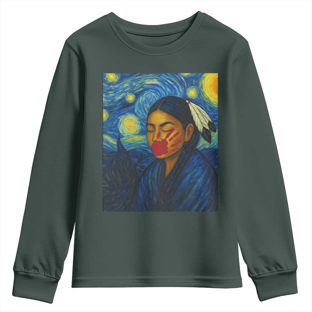 Native American MMIW Youth Sweatshirt Starry Night Indigenous People Day TS14 Dark Forest Green Print Your Wear