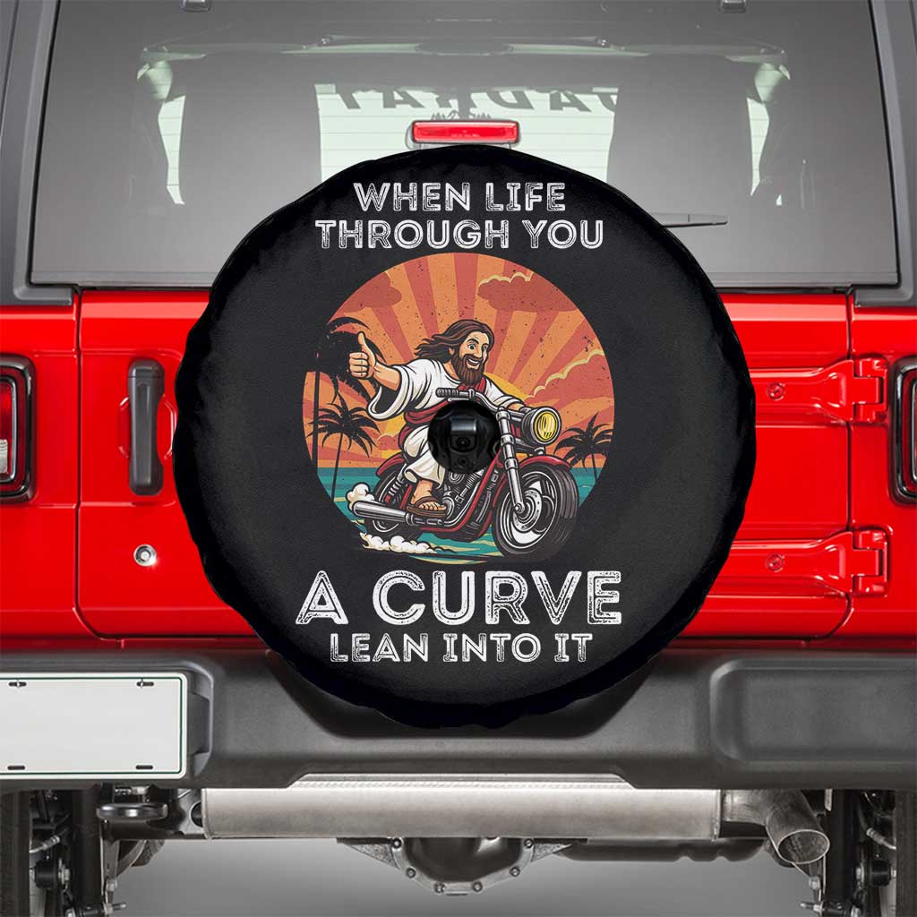 Funny Jesus Christian Motorcycle Spare Tire Cover When Life Throws You A Curve Lean Into It TS14 Black Print Your Wear