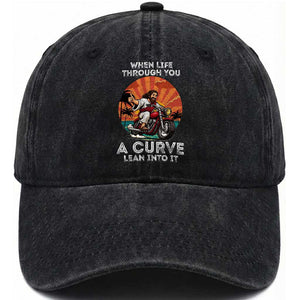 Funny Jesus Christian Motorcycle Washed Cotton Baseball Cap When Life Throws You A Curve Lean Into It TS14 Washed Cap Universal Fit Black Print Your Wear