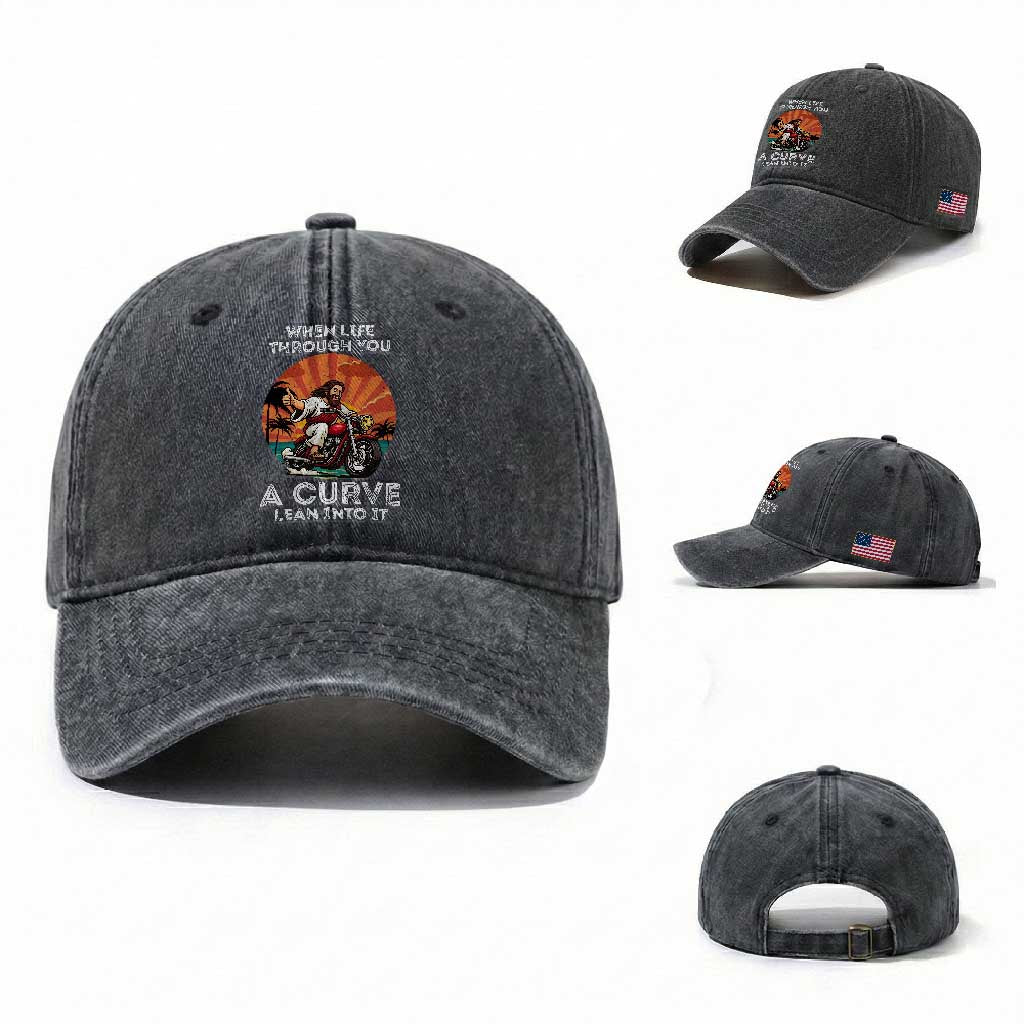 Funny Jesus Christian Motorcycle Washed Cotton Baseball Cap When Life Throws You A Curve Lean Into It TS14 Washed Cap Universal Fit Dark Gray Print Your Wear