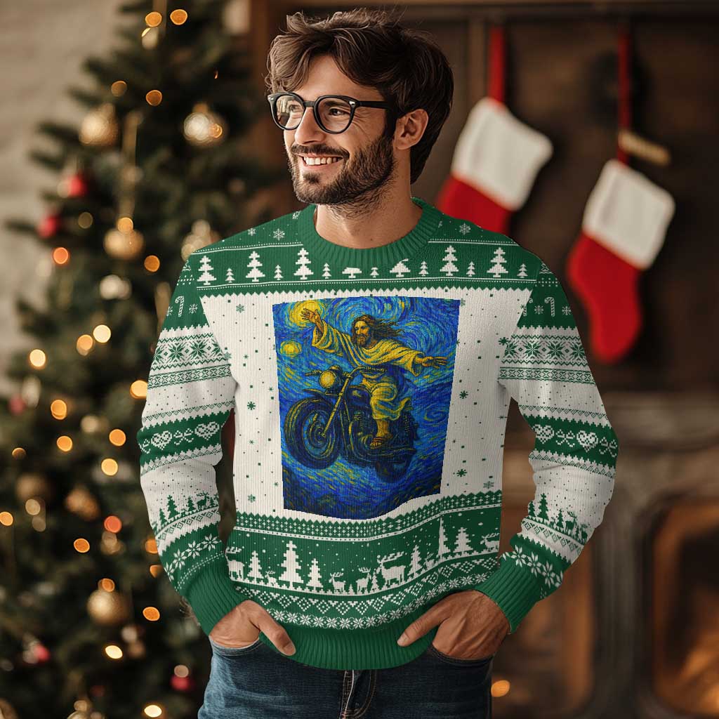 Funny Jesus Christian Motorcycle Ugly Christmas Sweater Starry Night Van Gogh Biker TS14 Beige Green Print Your Wear