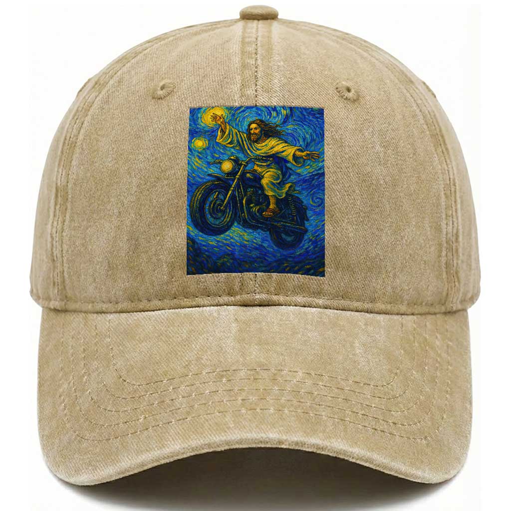 Funny Jesus Christian Motorcycle Washed Cotton Baseball Cap Starry Night Van Gogh Biker TS14 Washed Cap Universal Fit Khaki Print Your Wear