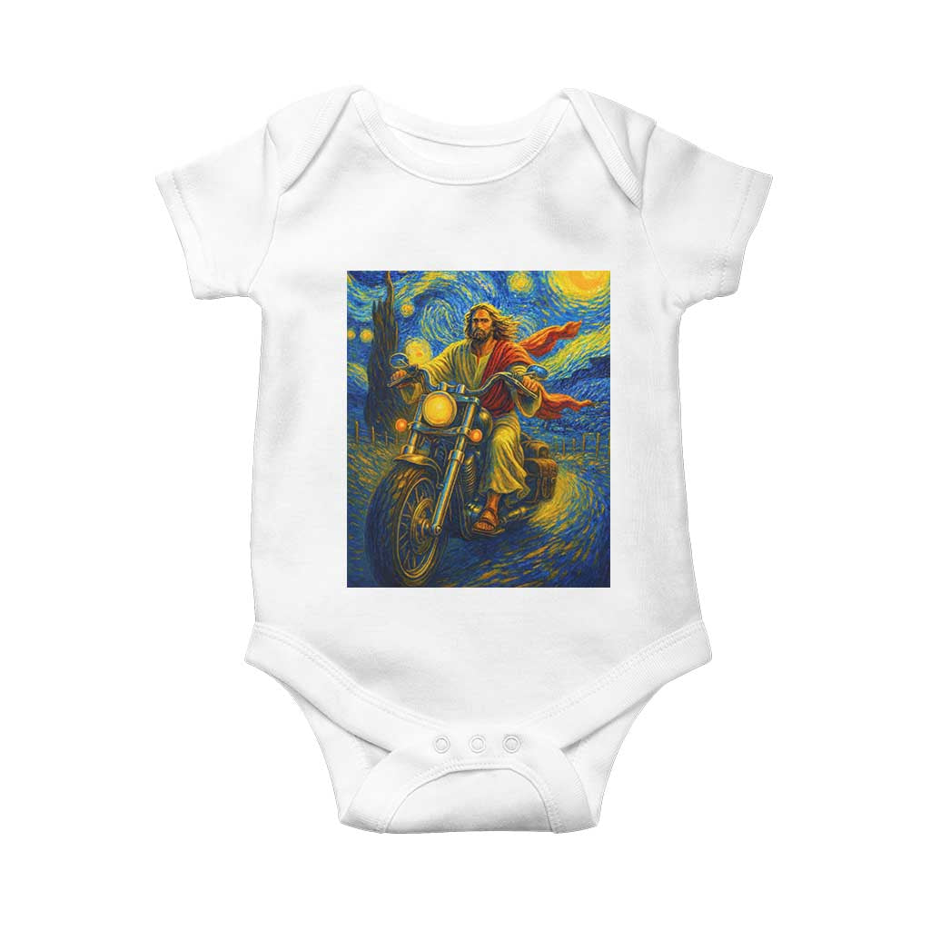Jesus Christian Motorcycle Starry Night Van Gogh Baby Onesie TS14 White Print Your Wear