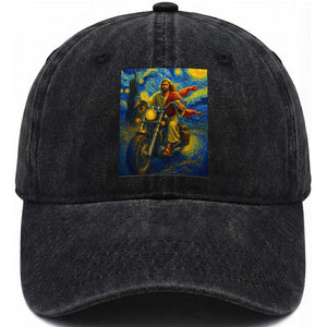 Jesus Christian Motorcycle Starry Night Van Gogh Washed Cotton Baseball Cap TS14 Washed Cap Universal Fit Black Print Your Wear
