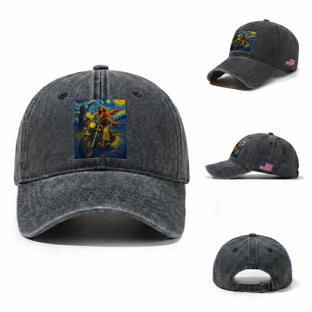 Jesus Christian Motorcycle Starry Night Van Gogh Washed Cotton Baseball Cap TS14 Washed Cap Universal Fit Dark Gray Print Your Wear