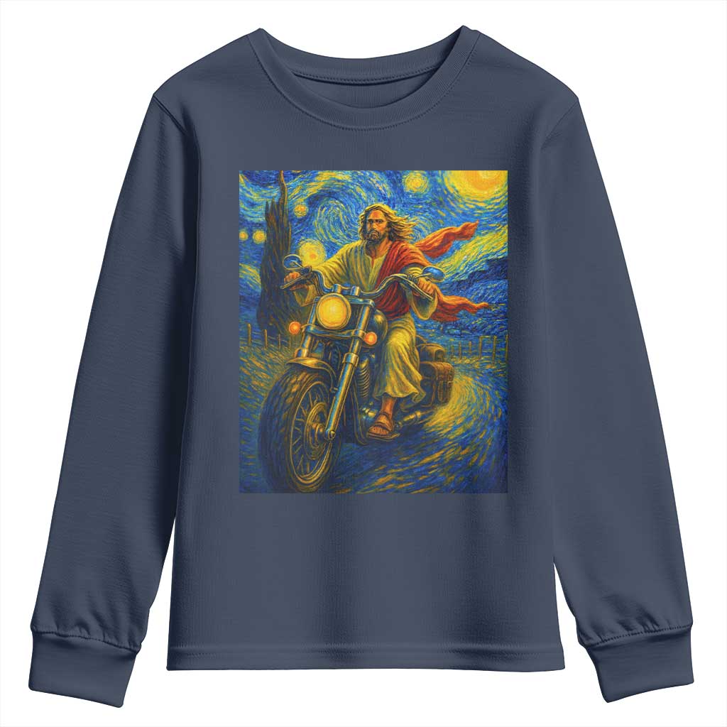 Jesus Christian Motorcycle Starry Night Van Gogh Youth Sweatshirt TS14 Navy Print Your Wear