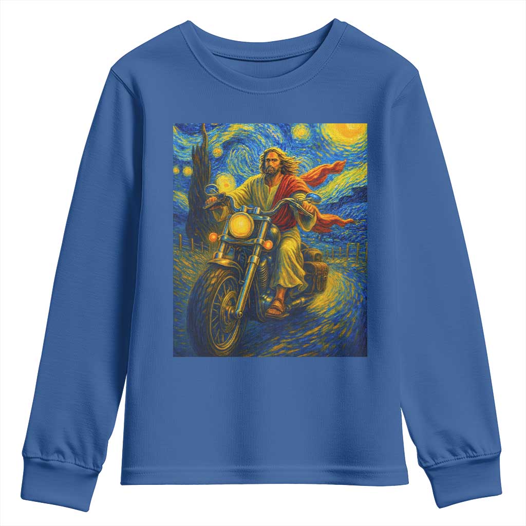 Jesus Christian Motorcycle Starry Night Van Gogh Youth Sweatshirt TS14 Royal Blue Print Your Wear