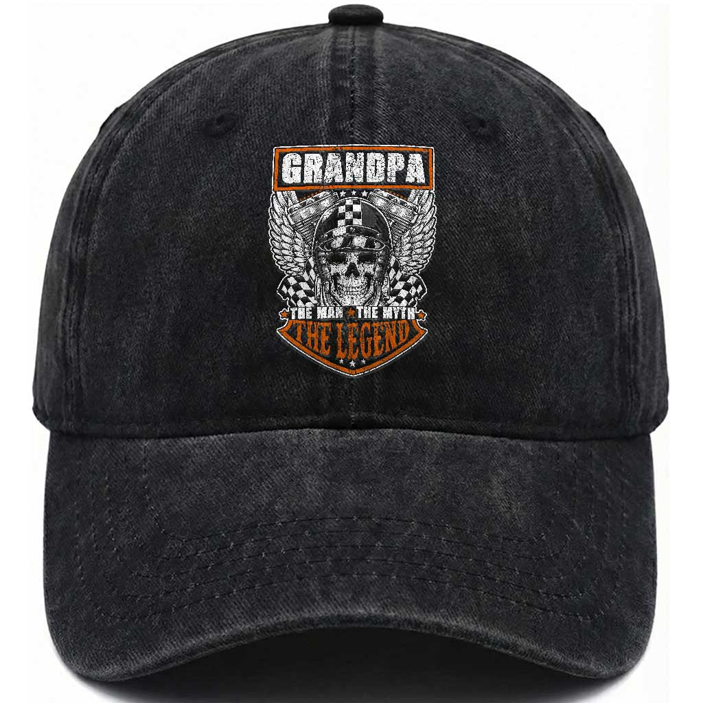 Grandpa The Man The Myth The Legend Men Gift Father's Day Washed Cotton Baseball Cap Funny Biker Skull Motorcycle Lovers